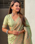 Pistachio Green Pashmina Kashmiri Silk Zari Woven Saree
