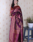 Dark Wine Soft Silk Bandhani Leheriya Zari Woven Saree