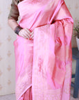 Baby Pink Soft Silk Bandhani Leheriya Zari Woven Saree