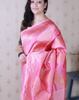 Baby Pink Soft Silk Bandhani Leheriya Zari Woven Saree