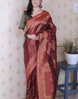 Maroon Soft Silk Bandhani Leheriya Zari Woven Saree
