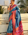 Blue Pure Tissue Zari Woven Patola Saree with Contrast Weaves