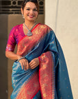 Blue Pure Tissue Zari Woven Patola Saree with Contrast Weaves