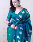 Green Soft Silk Dual Zari Woven Saree with Bird Border