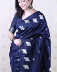 Navy Blue Soft Silk Dual Zari Woven Saree with Bird Border