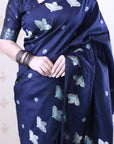 Navy Blue Soft Silk Dual Zari Woven Saree with Bird Border