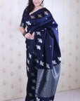 Navy Blue Soft Silk Dual Zari Woven Saree with Bird Border