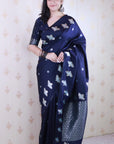 Navy Blue Soft Silk Dual Zari Woven Saree with Bird Border