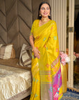 Yellow Soft Silk Ikkat Patola Saree with Meenakari Motifs Peacock Pallu and Gold Zari Border