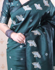 Bottle Green Soft Silk Dual Zari Woven Saree with Bird Border