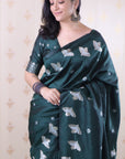 Bottle Green Soft Silk Dual Zari Woven Saree with Bird Border