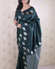 Bottle Green Soft Silk Dual Zari Woven Saree with Bird Border
