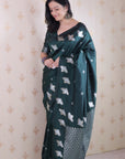 Bottle Green Soft Silk Dual Zari Woven Saree with Bird Border