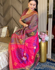 Coffee Soft Silk Ikkat Patola Saree with Meenakari Motifs Peacock Pallu and Gold Zari Border