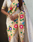 Cream Big Border Paithani Silk Zari Woven Saree