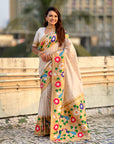 Cream Big Border Paithani Silk Zari Woven Saree