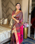 Coffee Soft Silk Ikkat Patola Saree with Meenakari Motifs Peacock Pallu and Gold Zari Border