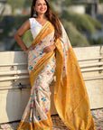 Gold Tussar Silk Kalamkari Printed Saree with Zari Woven Border