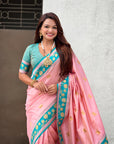 Baby Pink Soft Silk Pichwai Traditional Zari Woven Saree