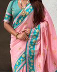 Baby Pink Soft Silk Pichwai Traditional Zari Woven Saree