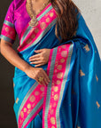 Blue Soft Silk Pichwai Traditional Zari Woven Saree