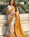 Gold Tussar Silk Kalamkari Printed Saree with Zari Woven Border