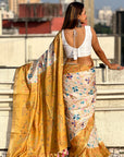 Gold Tussar Silk Kalamkari Printed Saree with Zari Woven Border