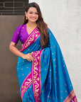 Rama Blue Zari Woven Rajhans Swan Paithani Silk Saree
