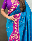 Rama Blue Zari Woven Rajhans Swan Paithani Silk Saree