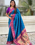 Rama Blue Zari Woven Rajhans Swan Paithani Silk Saree