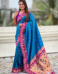 Rama Blue Zari Woven Rajhans Swan Paithani Silk Saree