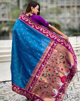Rama Blue Zari Woven Rajhans Swan Paithani Silk Saree