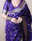 Violet Banarasi Soft Silk Silver Zari Woven Saree