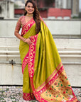 Mehendi Green Zari Woven Rajhans Swan Paithani Silk Saree