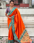 Orange Zari Woven Rajhans Swan Paithani Silk Saree