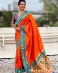 Orange Zari Woven Rajhans Swan Paithani Silk Saree