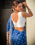 Dark Blue Katki Silk Printed Kalamkari Saree with Zari Border