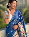 Dark Blue Katki Silk Printed Kalamkari Saree with Zari Border