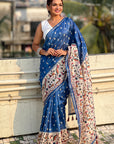 Dark Blue Katki Silk Printed Kalamkari Saree with Zari Border