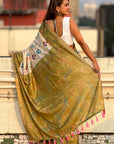 Mehendi Green Tussar Silk Kalamkari Printed Saree with Zari Woven Border