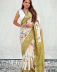 Mehendi Green Tussar Silk Kalamkari Printed Saree with Zari Woven Border