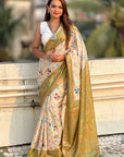 Mehendi Green Tussar Silk Kalamkari Printed Saree with Zari Woven Border