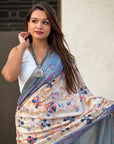 Sky Tussar Silk Kalamkari Printed Saree with Zari Woven Border