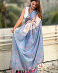 Sky Tussar Silk Kalamkari Printed Saree with Zari Woven Border