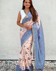 Sky Tussar Silk Kalamkari Printed Saree with Zari Woven Border