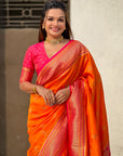 Orange Zari Woven Nath Contrast Yeola Paithani Silk Saree