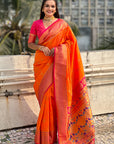 Orange Zari Woven Nath Contrast Yeola Paithani Silk Saree