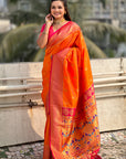Orange Zari Woven Nath Contrast Yeola Paithani Silk Saree