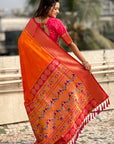 Orange Zari Woven Nath Contrast Yeola Paithani Silk Saree