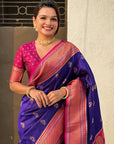 Violet Zari Woven Nath Contrast Yeola Paithani Silk Saree